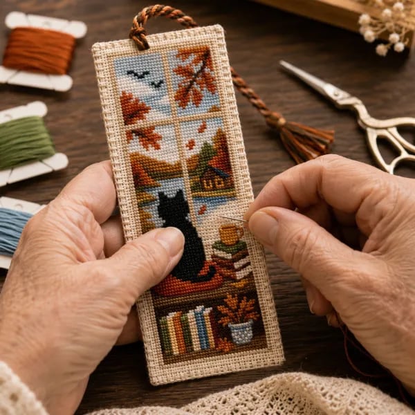 🐈📚Seasonal Cat Cross Stitch Bookmark – Cozy Reading Companion